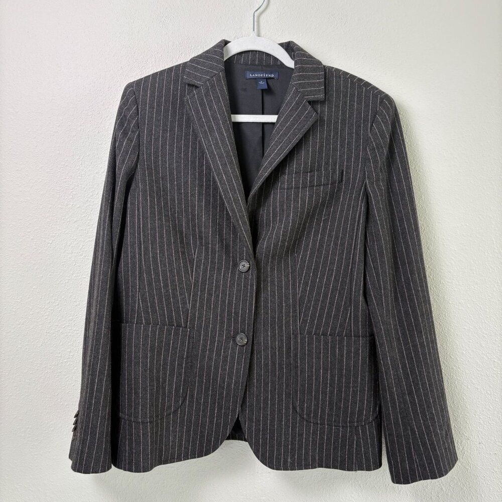 Lands End Blazer Womens 12 Gray Pink Striped Wool Cashmere One Button‎ Jacket